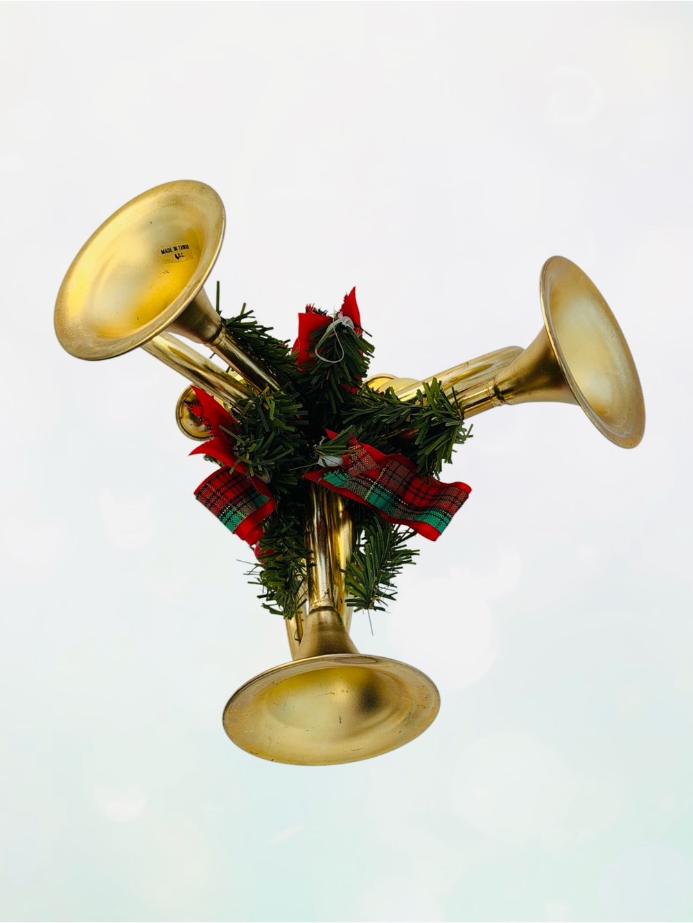 Brass Triple French Horn Taper Candle Holder, Vintage Christmas Holiday Decor - Picture 9 of 10